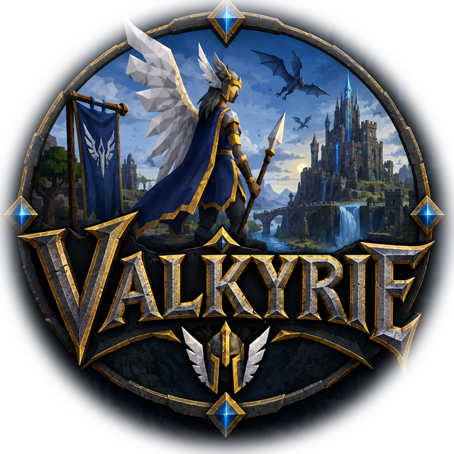 Valkyrie crest: a winged warrior with a spear before a sapphire-lit citadel